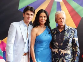 Michael Douglas (right), along with his wife Catherine Zeta-Jones (centre) and son Dylan Douglas (left) at IFFI, Goa. Instagram